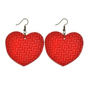 Mini Red Heart  Shaped PU Leather Fish Hook Dangle Drop Earrings 2"x 1.5"